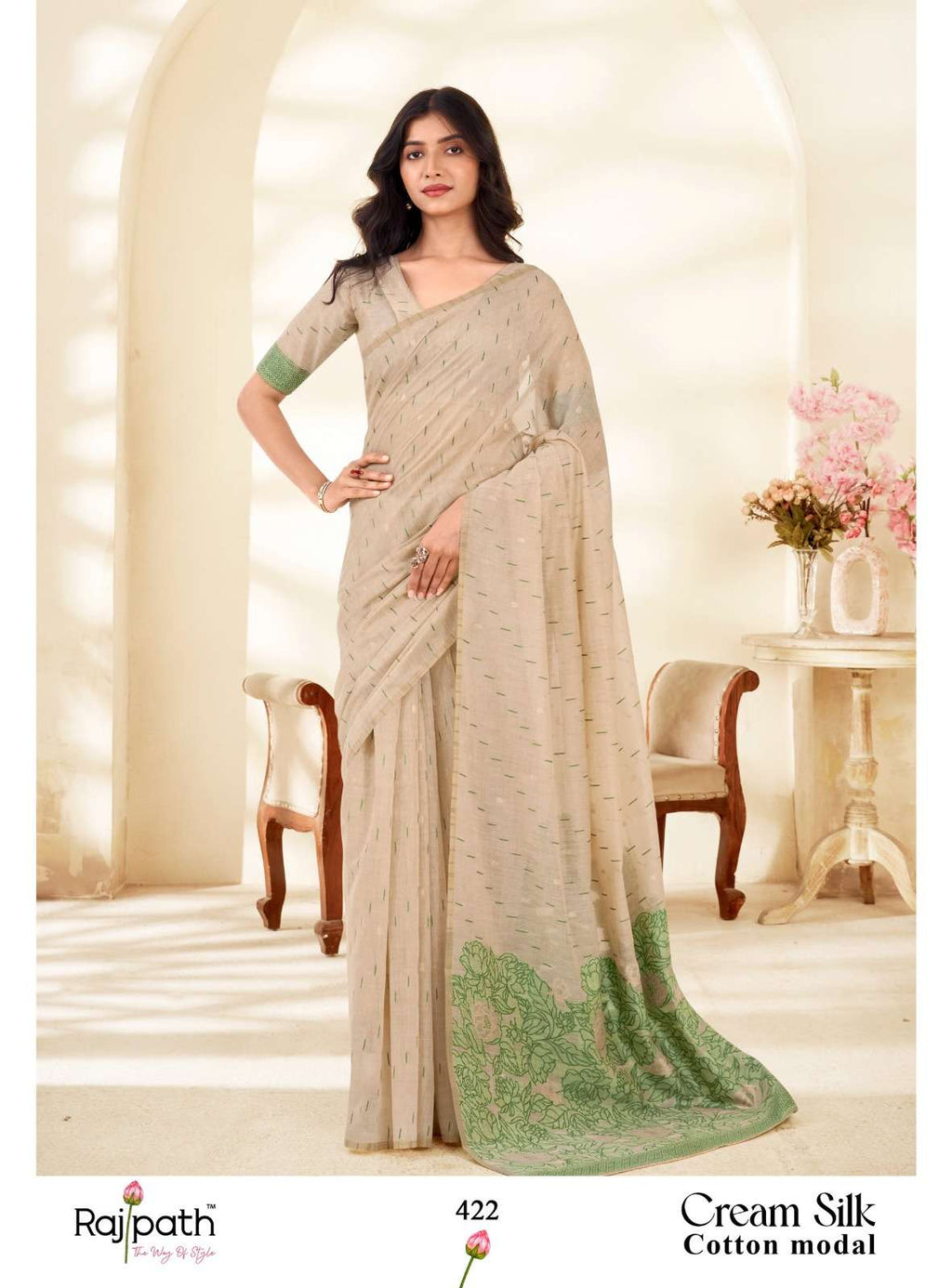 Rajpath Cream Silk Modal Cotton Saree