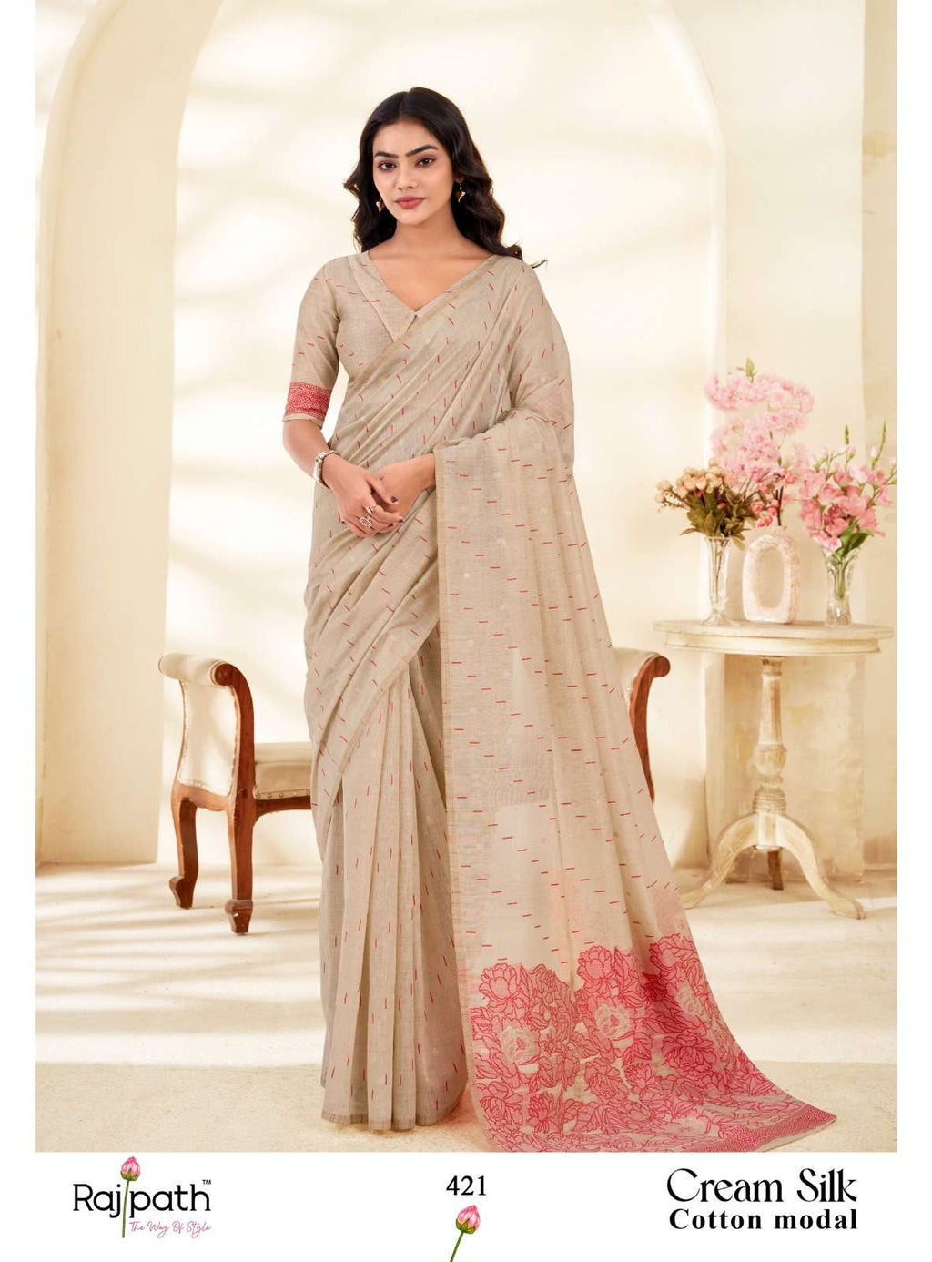 Rajpath Cream Silk Modal Cotton Saree